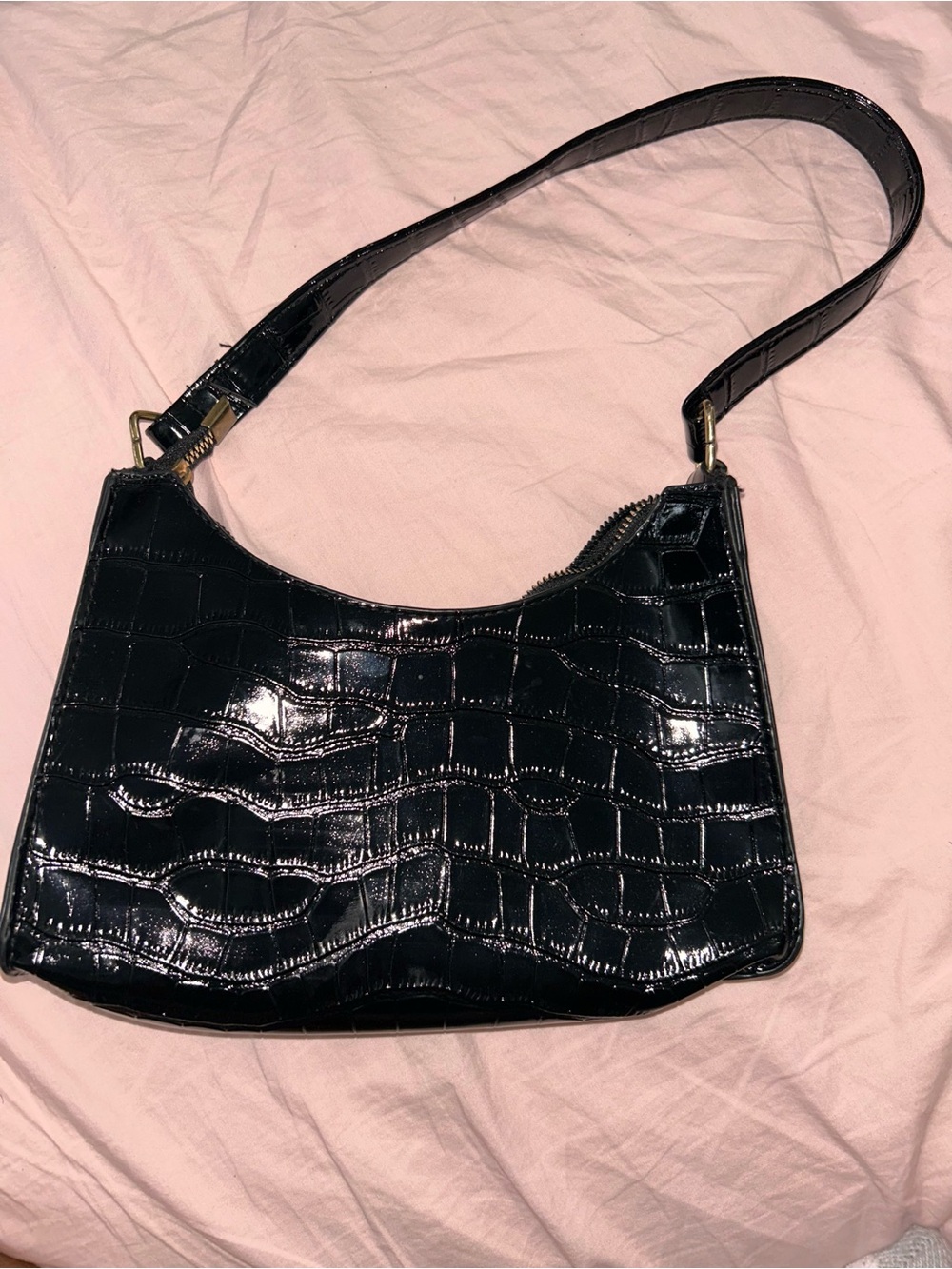 Black Croc-Embossed Shoulder Bag